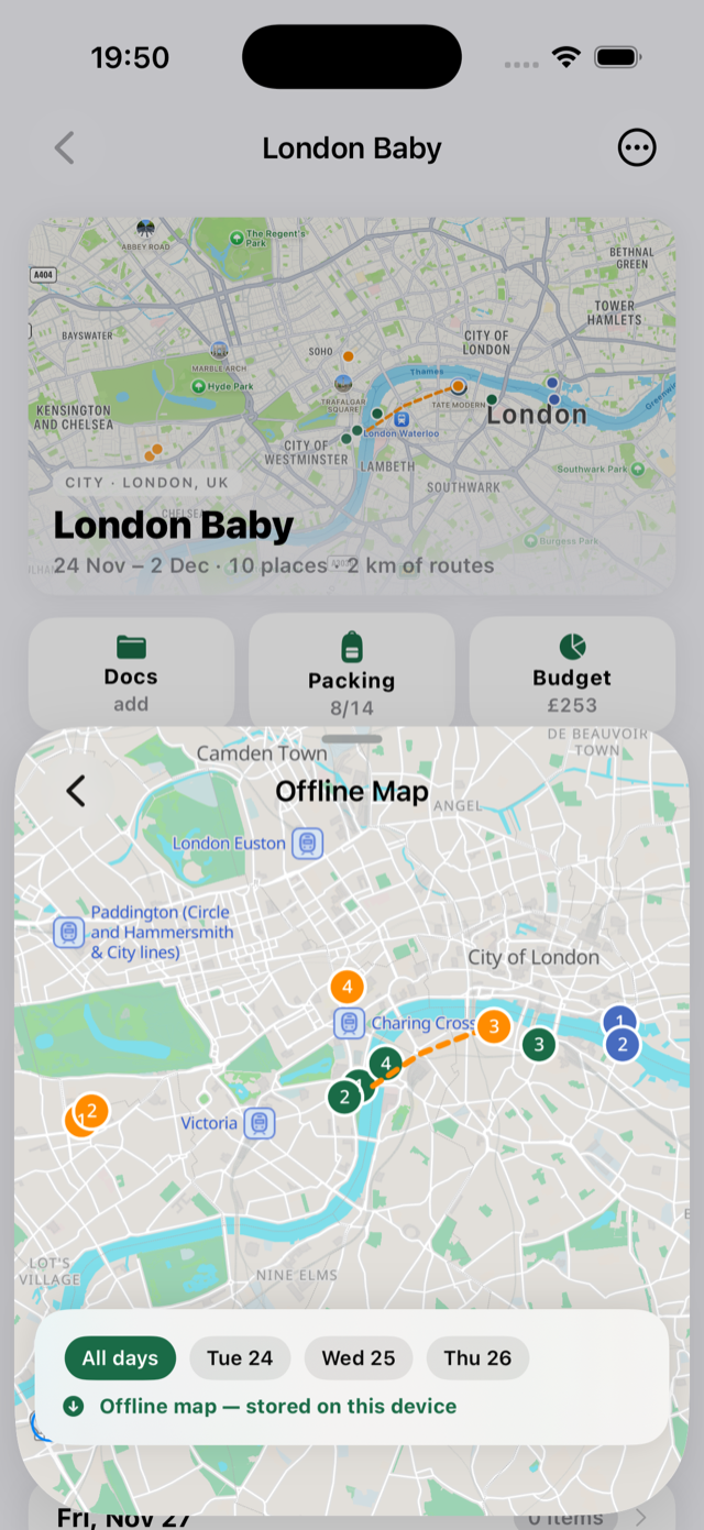 The offline map rendering London from a file on the phone