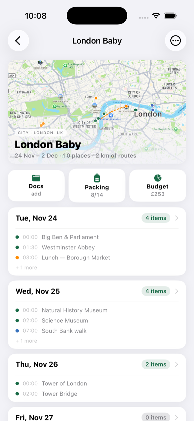 A Camipack trip: the living map header with the route through London, and the day-by-day plan